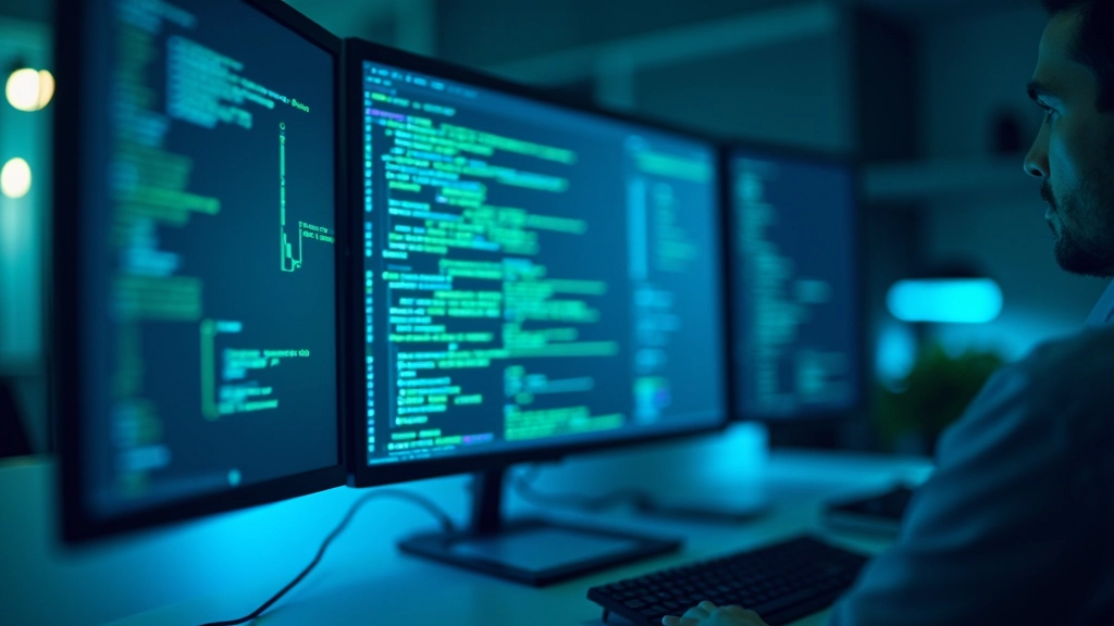 Abstrakcyjne sieciowe połączenia i kody cyfrowe na ekranie, nowoczesna technologia blockchain