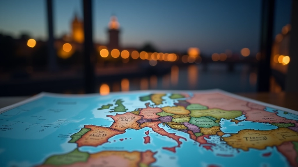 Mapa Europy z zaznaczonymi ośrodkami finansowymi i światłami miast