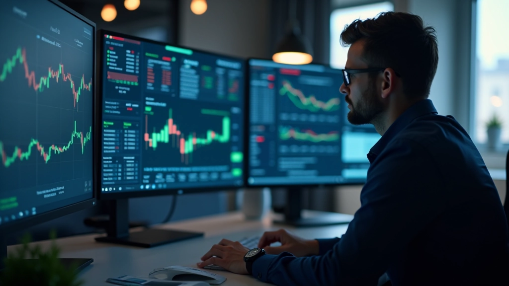 Stanowisko pracy analityka finansowego z monitorami wyświetlającymi dane ekonomiczne