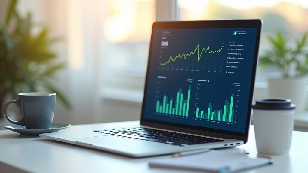 Ekran laptopa pokazujący wykres wydatków i analizę finansową, kawa obok na biurku