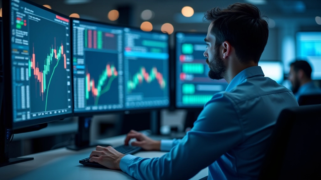 Profesjonalny trader pracujący na stanowisku handlowym z wieloma monitorami pokazującymi wykresy i notowania giełdowe