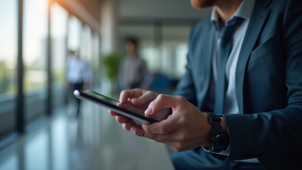 Dwie osoby patrząc na tablet, omawiające interfejs aplikacji bankowej w nowoczesnym biurze